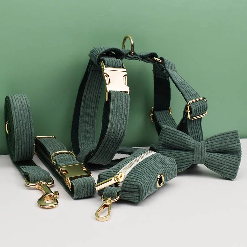 Dark Green Corduroy Dog Collar & Leash Set with Custom Nameplate
