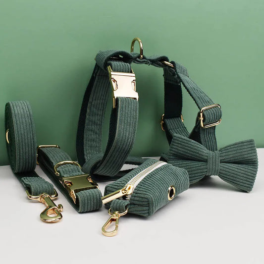 Dark Green Corduroy Dog Collar & Leash Set with Custom Nameplate