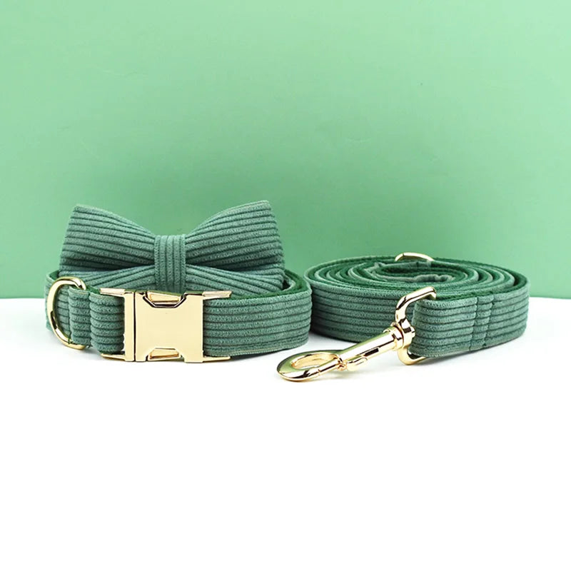 Dark Green Corduroy Dog Collar & Leash Set with Custom Nameplate