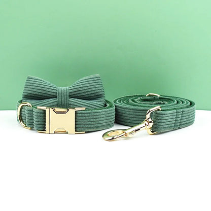 Dark Green Corduroy Dog Collar & Leash Set with Custom Nameplate