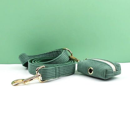 Dark Green Corduroy Dog Collar & Leash Set with Custom Nameplate