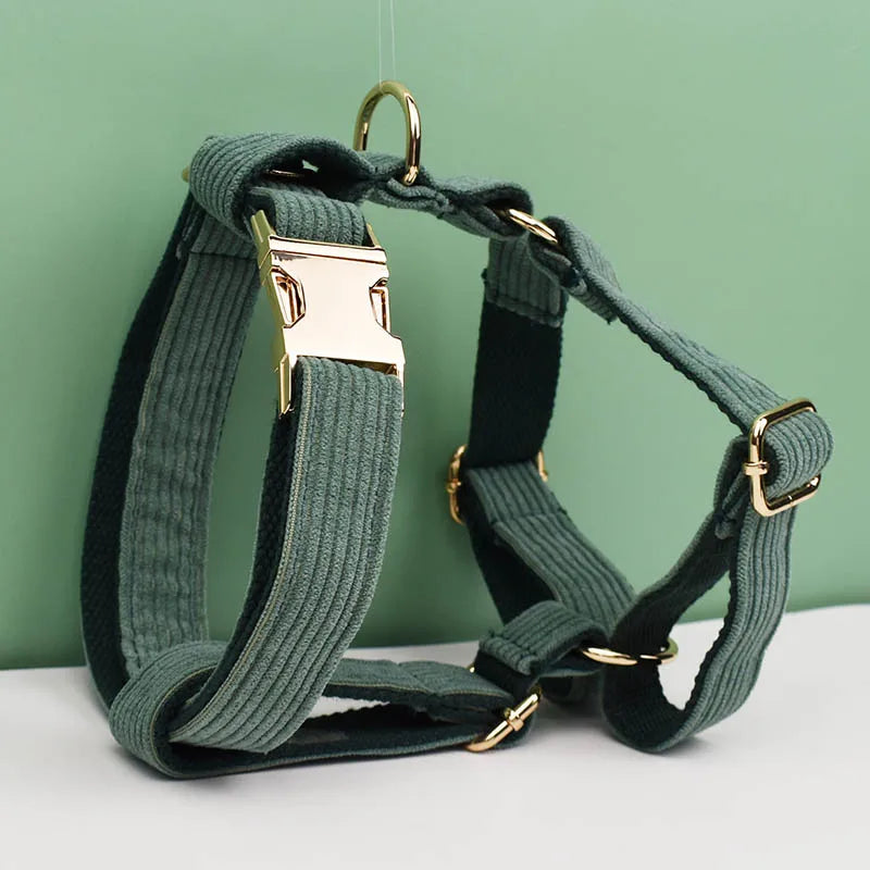 Dark Green Corduroy Dog Collar & Leash Set with Custom Nameplate