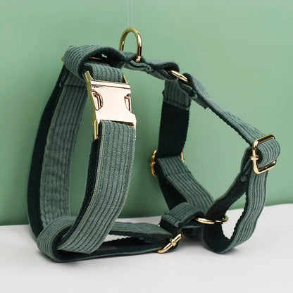 Dark Green Corduroy Dog Collar & Leash Set with Custom Nameplate