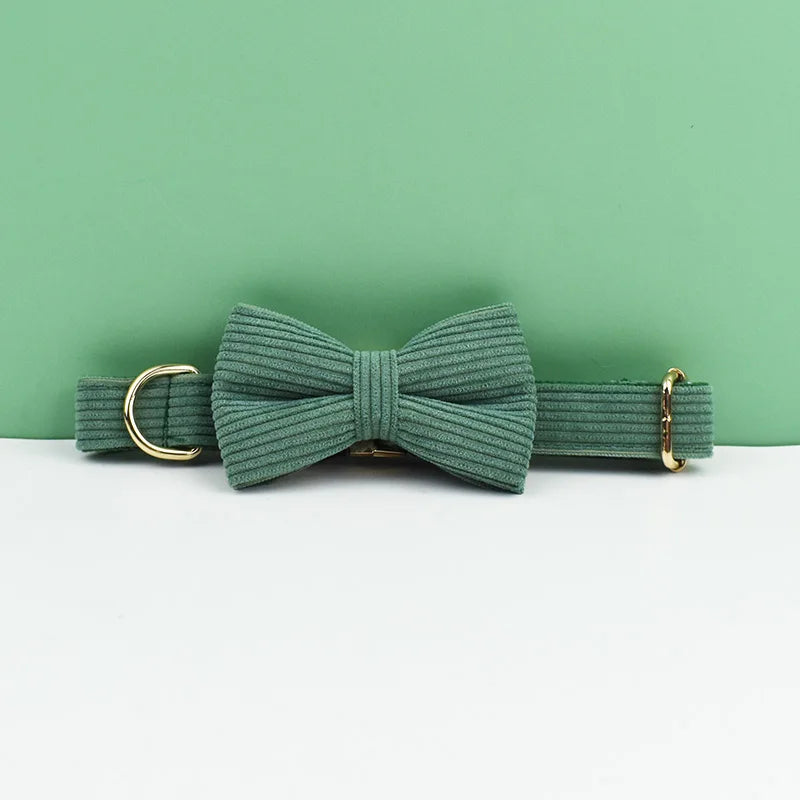 Dark Green Corduroy Dog Collar & Leash Set with Custom Nameplate