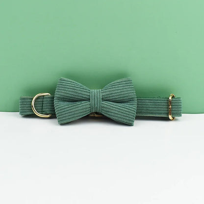 Dark Green Corduroy Dog Collar & Leash Set with Custom Nameplate
